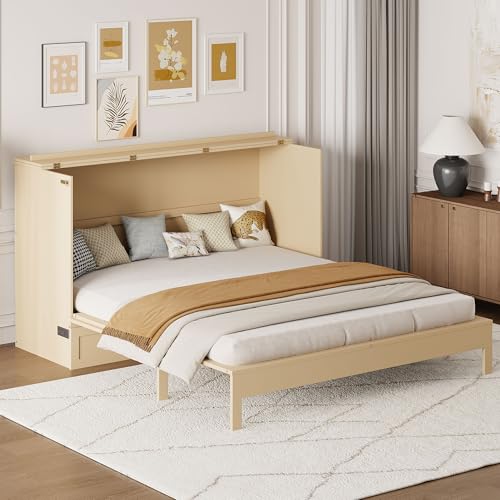 Harper & Bright Designs Queen Size Murphy Bed Cabinet Wall Bed Chest with USB, Charging Station and Large Storage Drawer for Home Office (White)