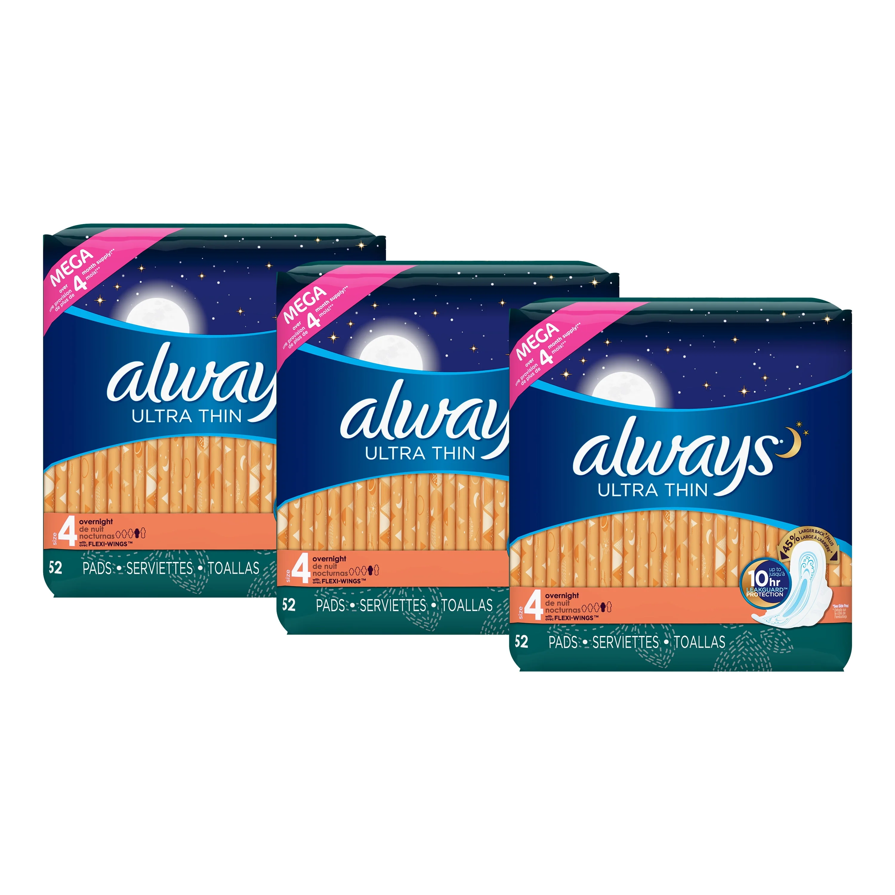 Always Ultra Thin Overnight Pads with Wings, Size 4, Overnight Absorbency, 36 Count