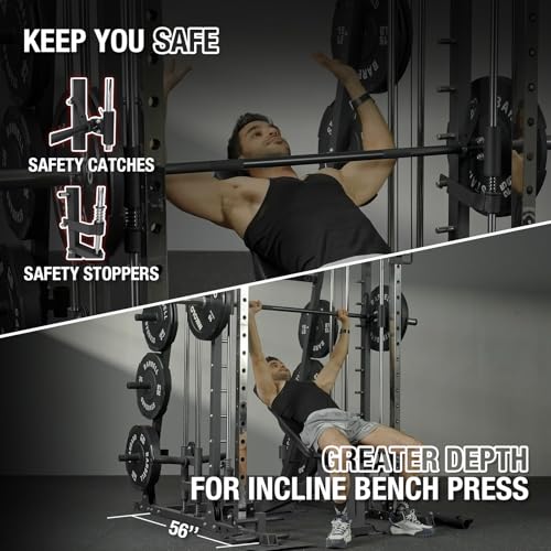 Mikolo Smith Machine, 2200lbs Squat Rack with LAT-Pull Down System & Cable Crossover Machine, Training Equipment with Leg Hold-Down Attachment