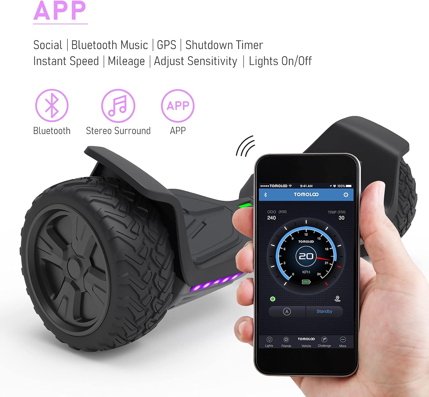 Hoverboard, 8.5 inches All-Terrain Off-Road self-Balancing V2 hoverboards with Color LED Lights, Bluetooth and Speakers, Smart APP Control