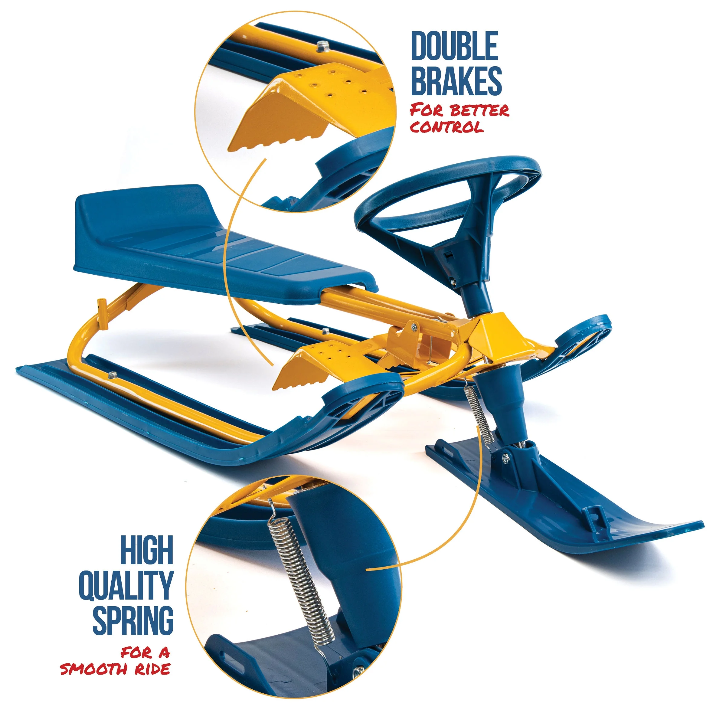 Machrus Frost Rush Snow Sled with Steering Wheel, Twin Brakes, Pull Rope & Safety Flag - Winter Racer Snow Sled for Kids and Adults for Sledding