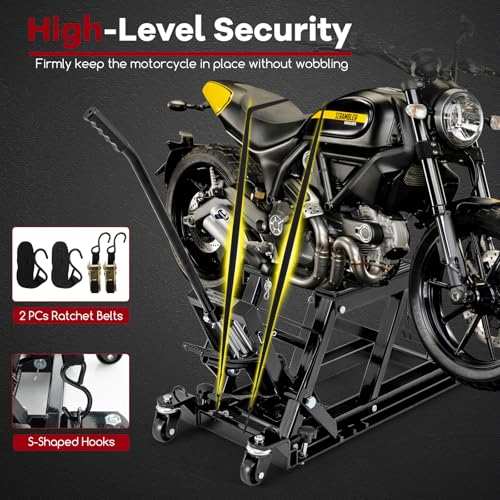 Goplus Motorcycle Lift, 1500 LBS Hydraulic ATV Scissor Jack with Footplates & Long Handle, 2 Ratchet Belts, 4 Wheels, 4.7”-15” Lifting Range