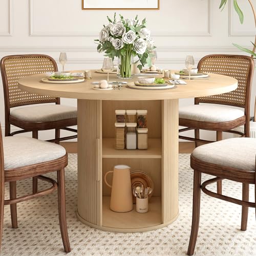 47 inch Round Dining Table for 4, Kitchen Table Dinner Table with 2-Layer Storage Shelf and Wood Slide Door for Home Dining Room Living Room (Walnut)