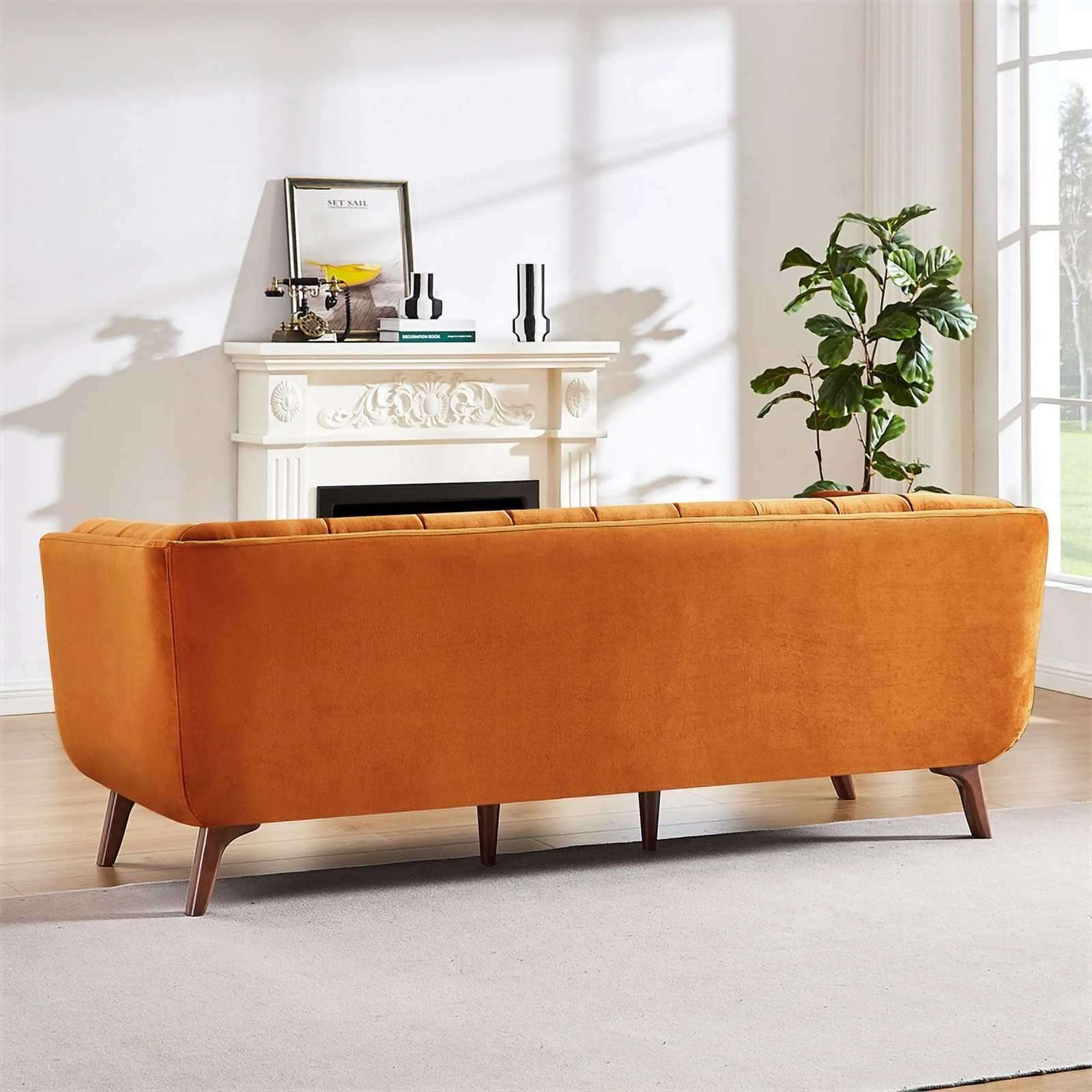 Alosio Mid Century Rectangular Tufted Back Velvet Upholstered Sofa in Orange