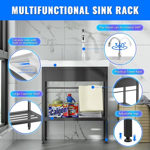 Stainless Steel Utility Sink, 30.8" × 22" × 39.5"Freestanding Sink with Cold and Hot Water Faucet,Hoses and Drain Kit for Kitchens, Bathrooms, Garage