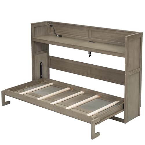 Ball & Cast Queen Size Murphy Bed Hideaway Wall Chest with Top Shelves & USB,Storage Cabinet Bed Frame w/Slat Support