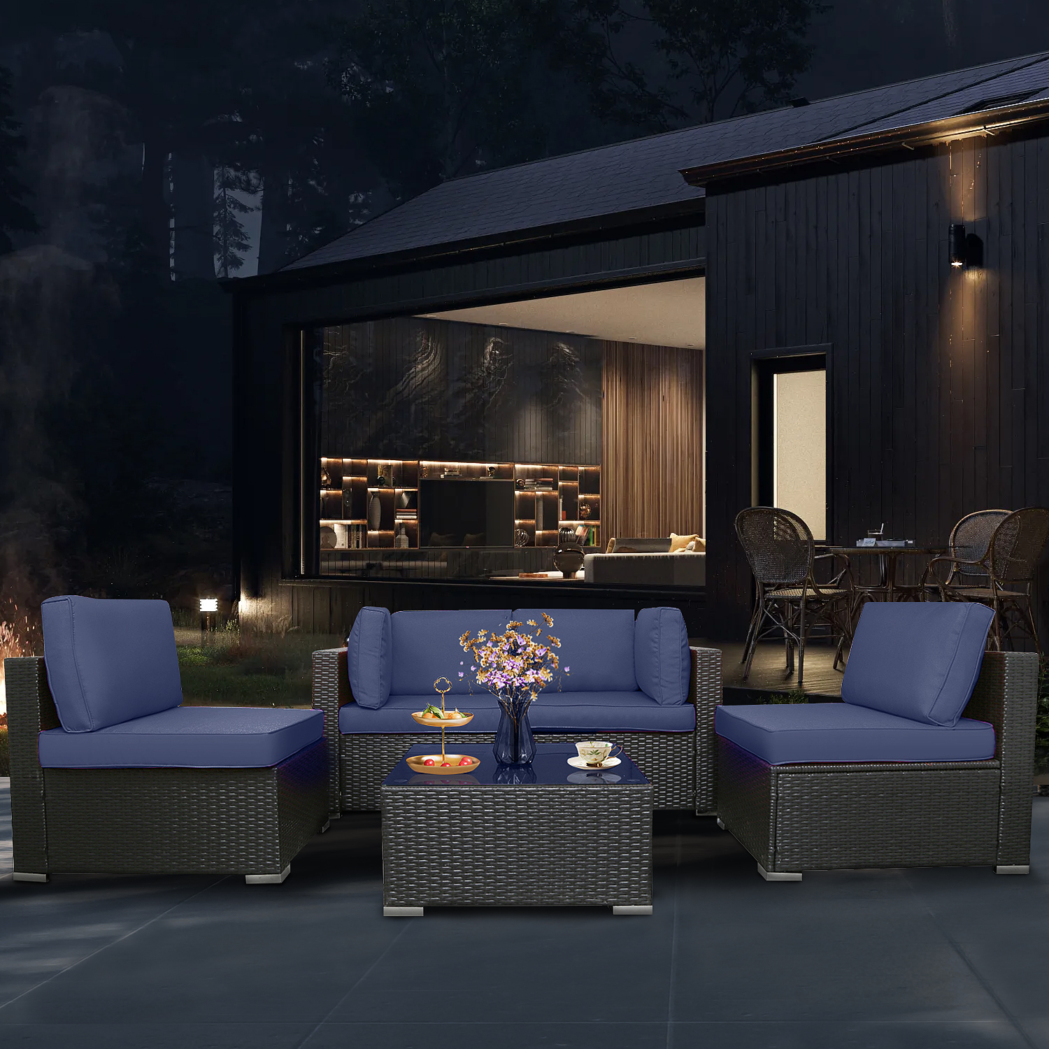Excited Work 5 Pcs Patio Sofa PE Rattan Outdoor Wicker (BLUE) Patio Conversation Set