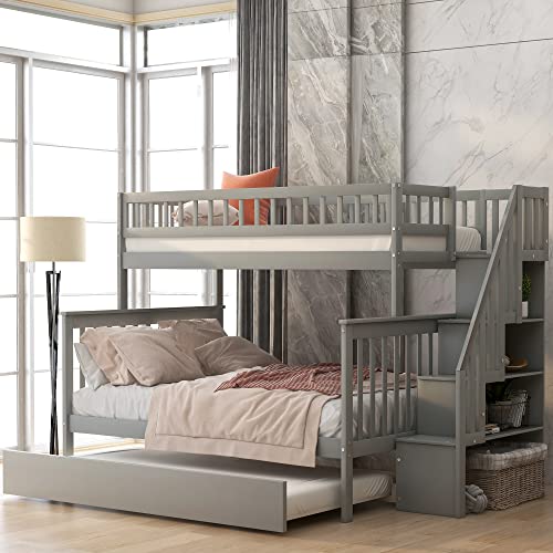 Harper & Bright Designs Bunk Beds Twin Over Full Size, Bunk Bed with Trundle,Storage Shelf and Stairway