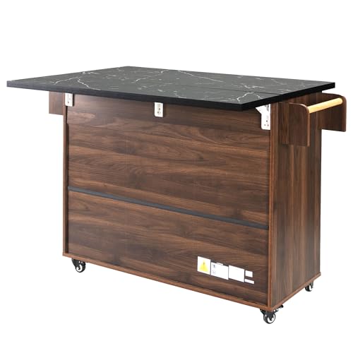 Ball & Cast Farmhouse Kitchen Island with Drop Leaf & Barn Door,Rolling Kitchen Cart on Wheels with Power Outlet,3 Large Drawers
