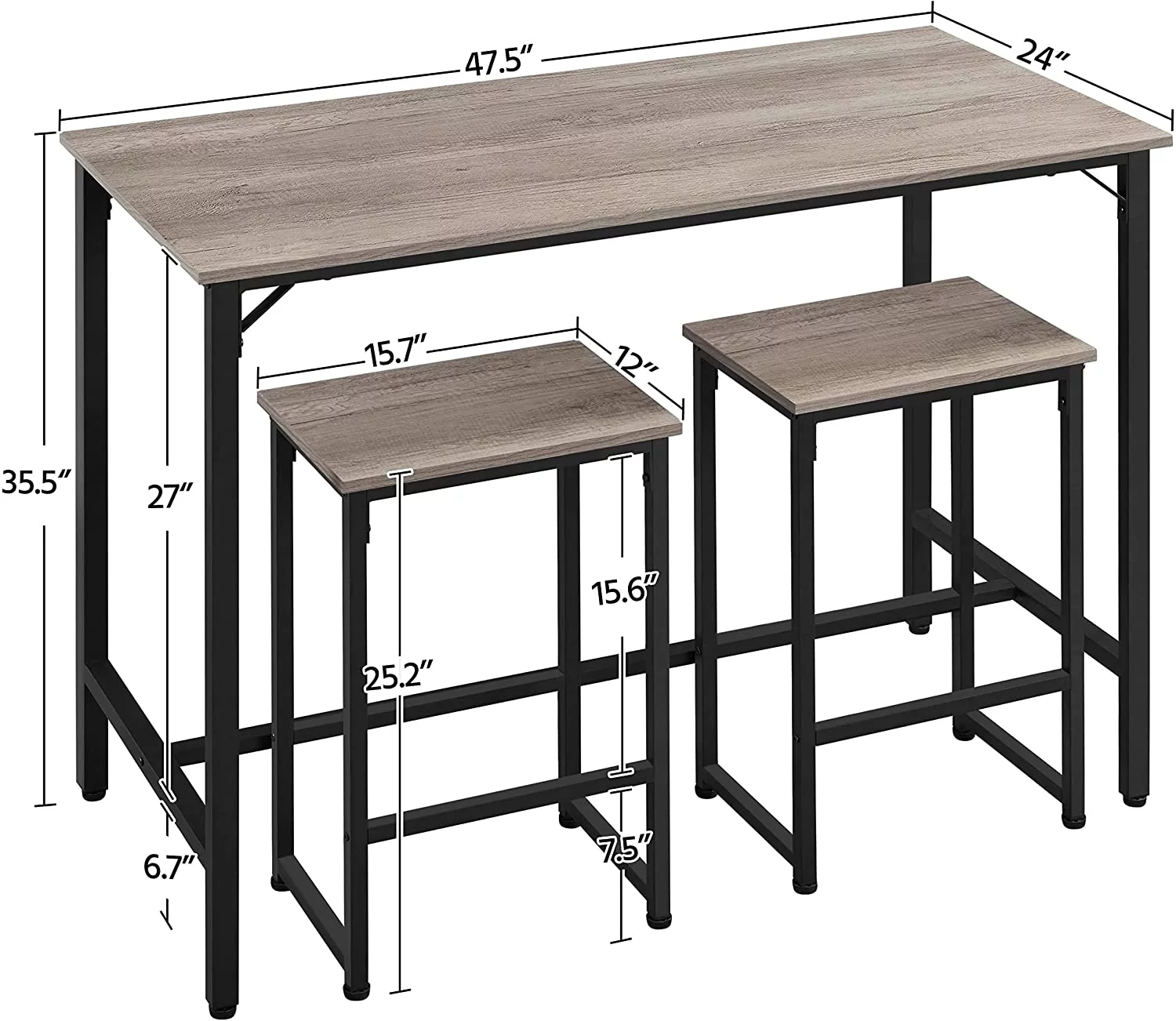 3 Piece Bar Table Set, 47.5” Industrial Counter Height Dining Table with Bar Stools Set of 2, Kitchen Breakfast Table and Chairs for Dining Room