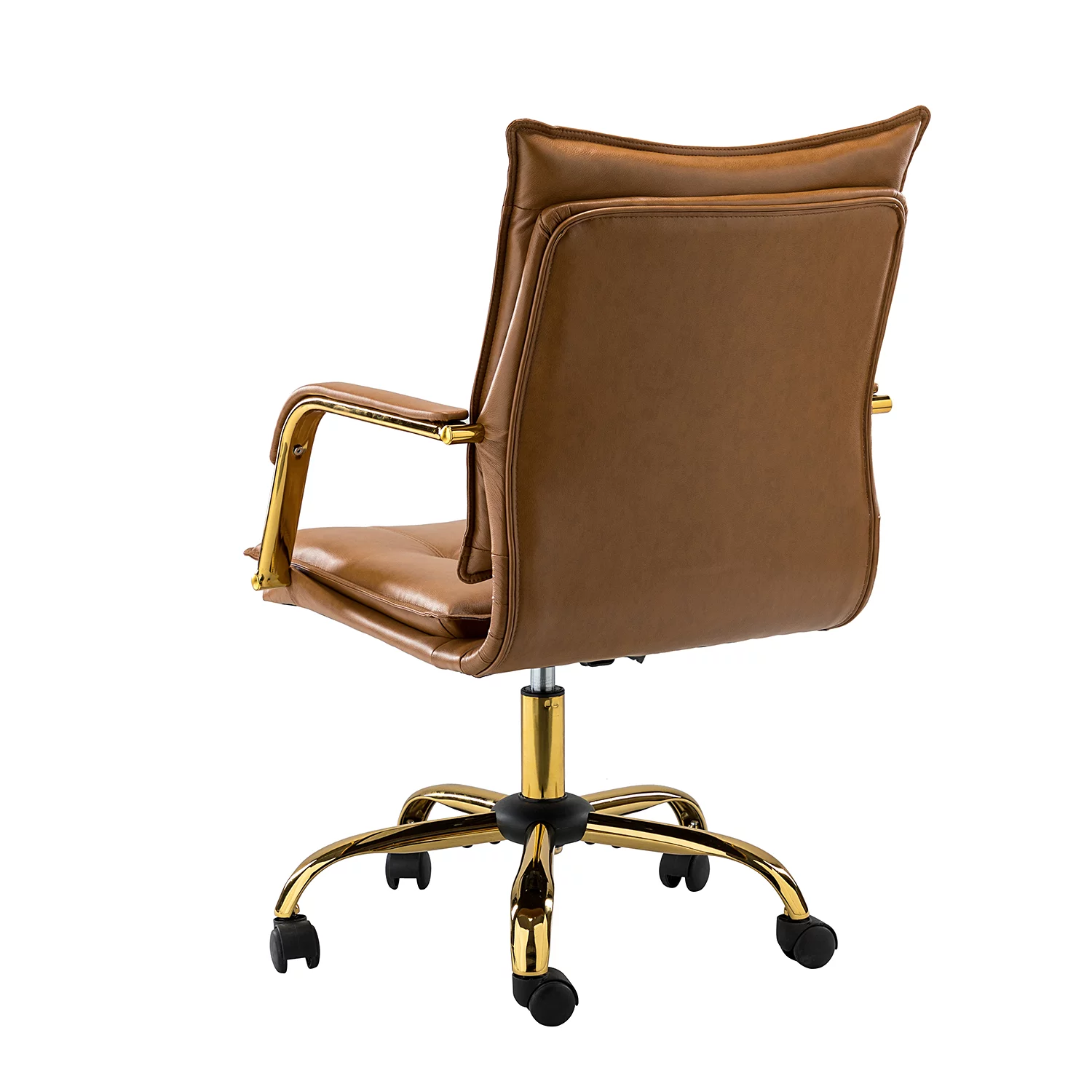 Modern Vegan Leather Home Office Task Chair with Tufted Mid Back  Armrest Swivel Adjustable Study Room Workstation Camel