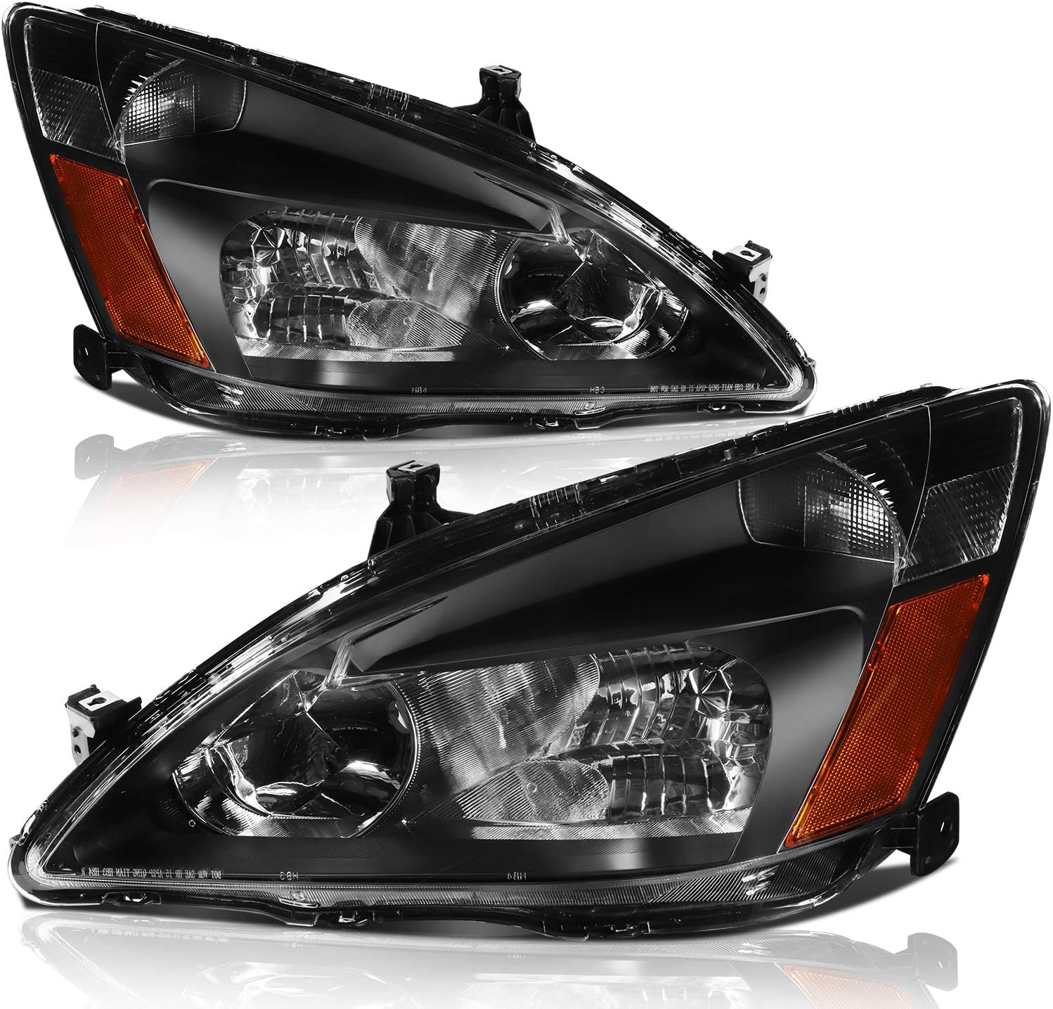 LSAILON Headlight Assembly Replacement Fit 2003-2007 For Honda Accord Black Housing Amber Reflector Clear Lens