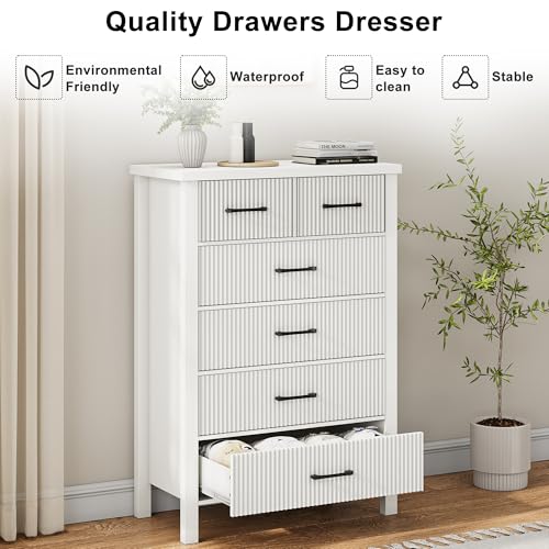 Fluted 6 Drawers Dresser for Bedroom, Tall Boho Chest of Drawers with Metal Handle, Wooden Closet Clothes Storage Organizer for Living Room