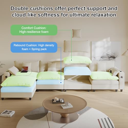 Modular Sectional Sofa, Cloud Couch with Ottoman, Charging Station, Throw Pillows, Cup Holders, Modern Convertible U Shaped Couches for Living Room