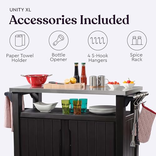 Keter Outdoor Rolling Table Cart for Food Prep, Storage, Bar & Grill, Dark Brown - Portable Kitchen Island Tabletop with Wheels for Drinks, Snacks