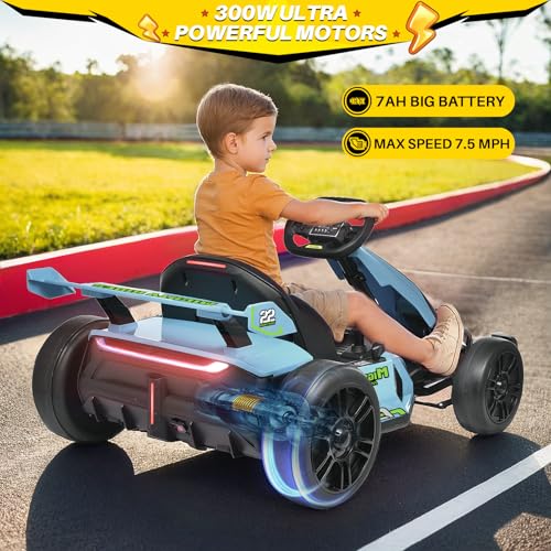 Blitzshark 24V Kids Go Kart 300W Powerful Drift Kart Electric Pedal Kart Outdoor Race Toy, with 2X150W Strong Motor, 7AH Big Battery