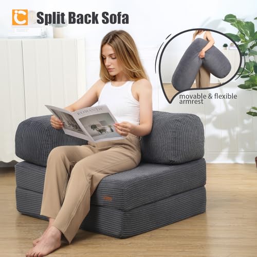 COMAX Folding Sofa Bed, Convertible Chair Bed Corduroy 3-in-1 Foldable Floor Couch with High-Density Foam, Futon Sofa Sleeper Mattress