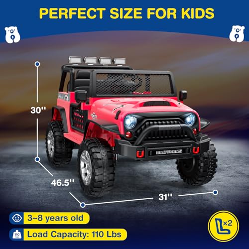 L8 2 Seater Ride On Car, 12V Kids Electric Car w/Remote Control, 4-Wheel Suspension, Bluetooth Speaker, Multi Music Modes, 3 Speeds, LED Lights