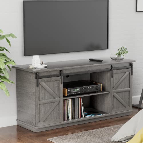 YESHOMY Farmhouse TV Stand for Televisions up to 65 Inches, Sliding Barn Doors and Storage Cabinets