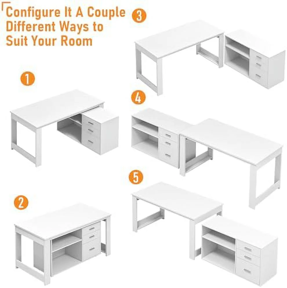 White L Shaped Desk with Drawers  Corner Desk with 3 Drawers and 2 Shelve  Executive Desk with  File Cabinet for  Office Workstation  Bedroom  55 inch