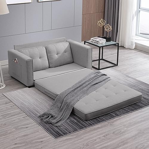 MUZZ Pull Out Couch, 55" W Upholstered Loveseat, Futon Sleeper Couch with 2 Side Pockets, Gaming Floor Couch Bed for Living Room, Bedroom