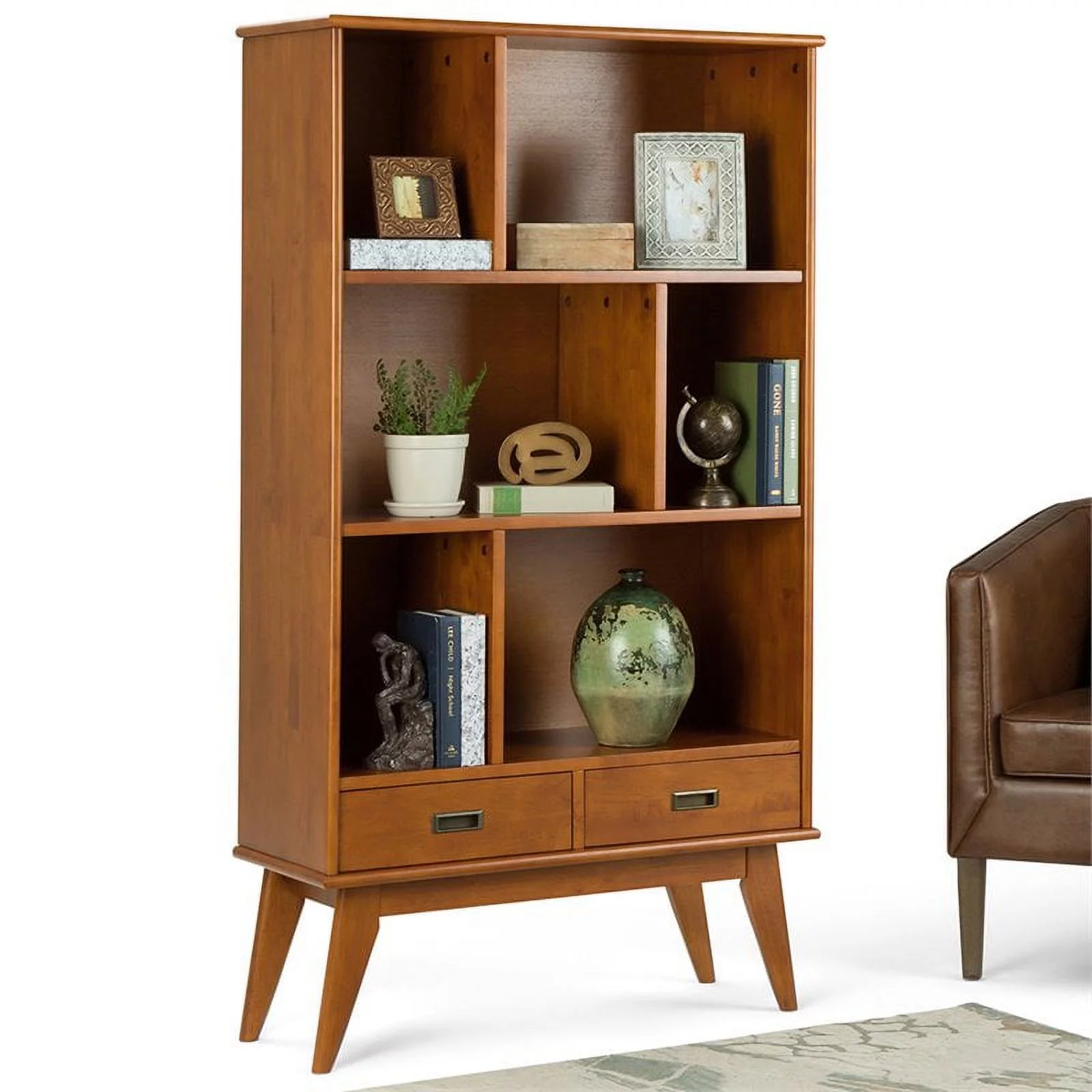 Draper SOLID HARDWOOD 64 inch x 35 inch Mid Century Modern Wide Bookcase and Storage Unit in Teak Brown