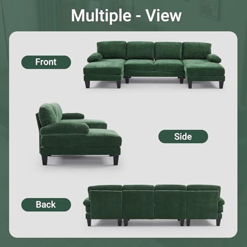 VINGLI 110" Sectional Couches for Living Room,U Shaped Couch with Double Chaise, 4-Seat Sofa Set with Chenille Fabric for Home Furniture,Forest Green
