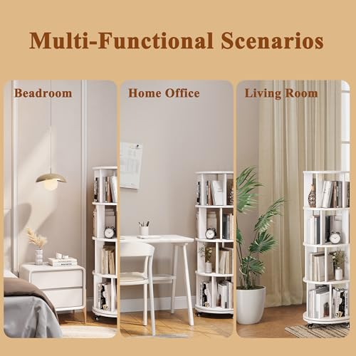 6 Tier Rotating Bookshelf Tower Spinning Bookshelf with Swivel Wheels Book Shelf Rotating Storage Tower for Kids Adult Narrow Walnut Solid Wood