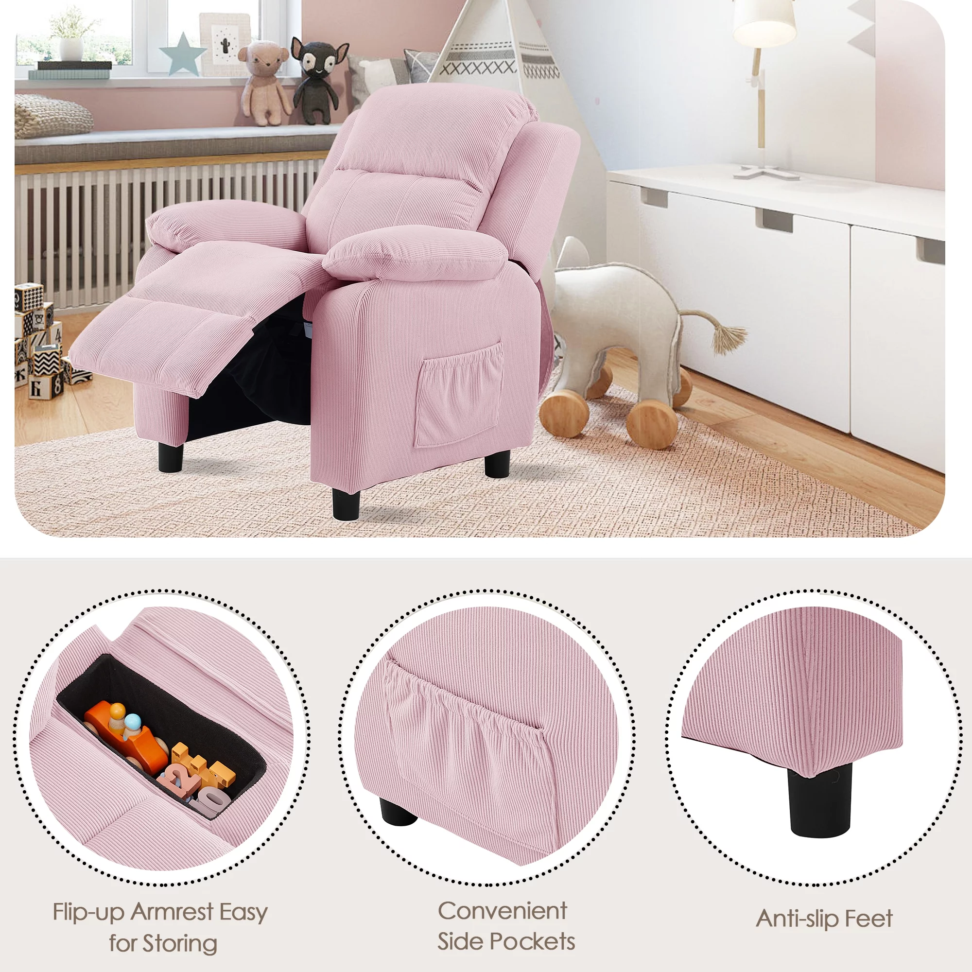 Ulax Furniture Kids Recliner Chair Adjustable Kids Lounge Recliner Couch with Footrest, Storage Arms, Side Pockets for Girls Boys, Pink