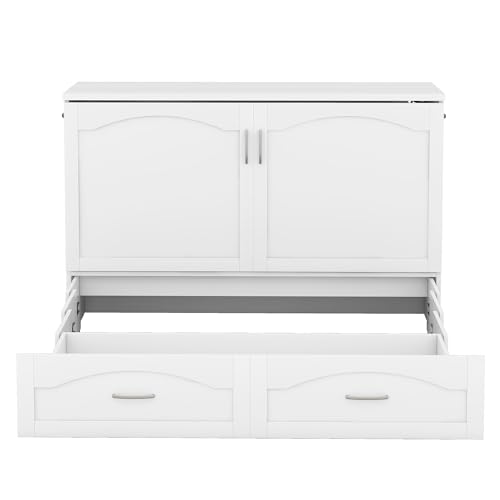 Queen Size Murphy Wall Bed with Storage, Bookcase Headboard, Solid Wood Cabinets, Shelves, Drawers and USB Ports