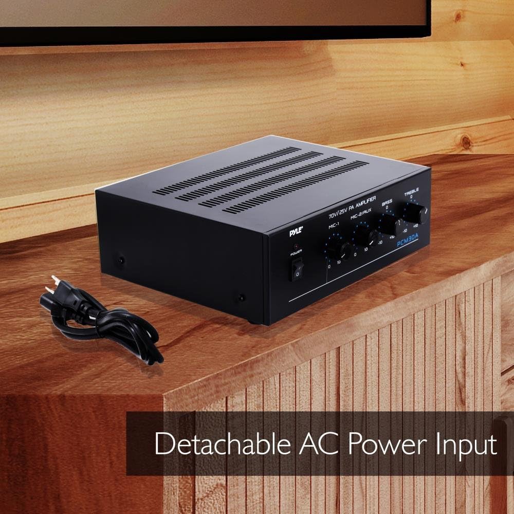 Compact Mini Home Power Amplifier - 60W Smart Small Indoor Audio Stereo Receiver w/ RCA, 2 Microphone IN, 25/70 Volt Outputs, LED, Input Selector
