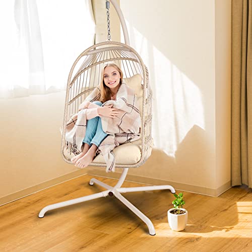 Chihee Egg Chair Foldable Wicker Rattan Hanging Chair Swing Chair Indoor Outdoor Patio Wicker Chair Hammock Chair with Stainless Steel Hanging Kit
