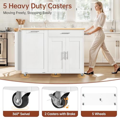 Kitchen Island with Storage, 31.5" D Rolling Kitchen Island Cart on Wheels with Widen Drop Leaf Rubberwood Top