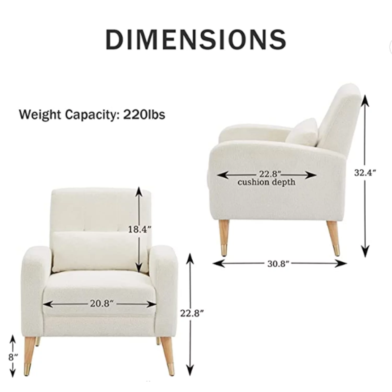 Holaki Modern Accent Chair, Upholstered Single Sofa Chair Sherpa Arm Chair for Living Room and Bedroom, Comfy Armchair with Metal Legs, White Fabric