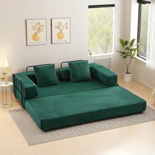 Compression Floor Sofa Bed, Convertible Foldable Sofa with Support Backrest and Armrest, Corduroy Fabric Modular Sectional Couch with 2 Pillows