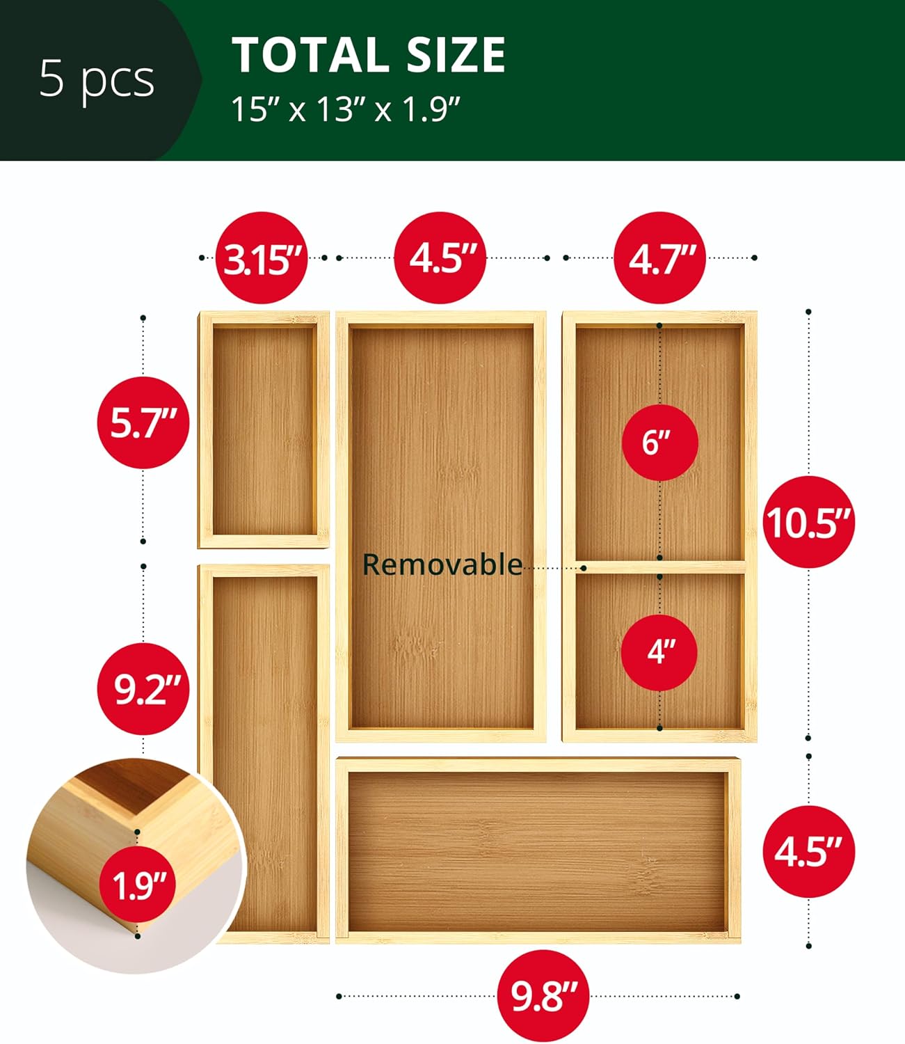 ROYAL CRAFT WOOD 5-Piece Bamboo Drawer Organizer Set – Multi-Use Storage Trays for Kitchen, Bathroom, Office, Makeup