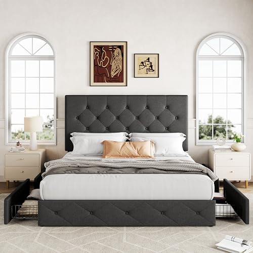 Allewie Upholstered Queen Size Platform Bed Frame with 4 Storage Drawers and Headboard, Square Stitched Button Tufted