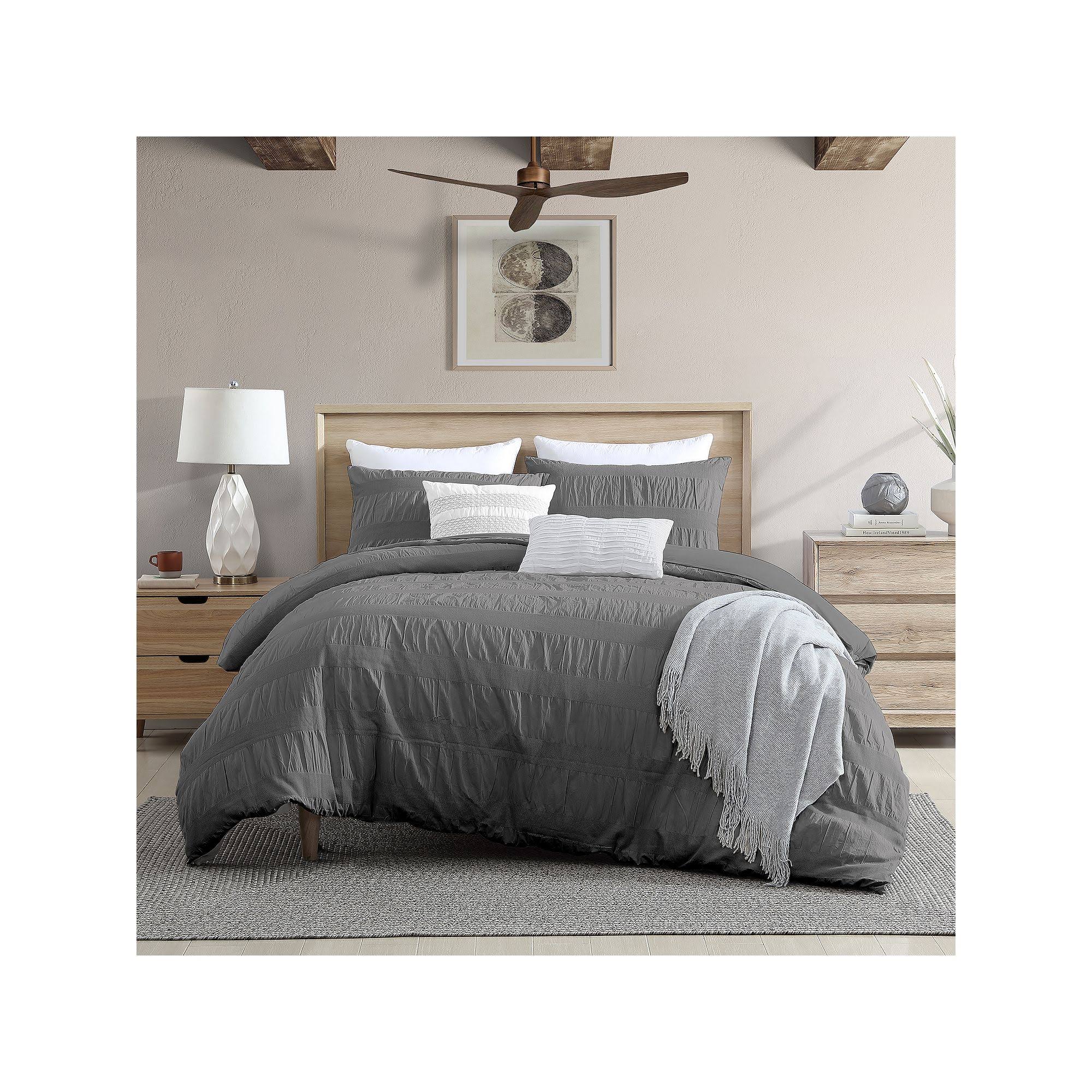 Swift Home Moselle 100% Cotton Ruched u0026 Waffle Weave Duvet Cover Set - King/Cal King - Dark Grey