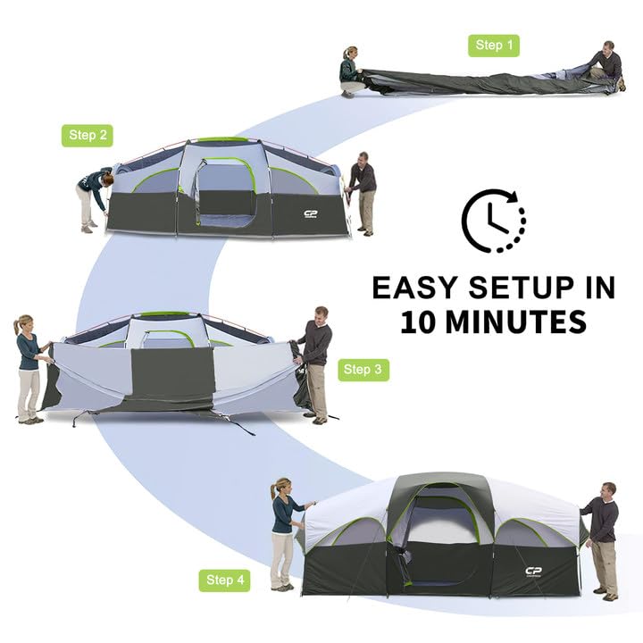 CAMPROS CP Tent 8 Person Camping Tents, Weather Resistant Family Tent, 5 Large Mesh Windows, Double Layer, Divided Curtain for Separated Room