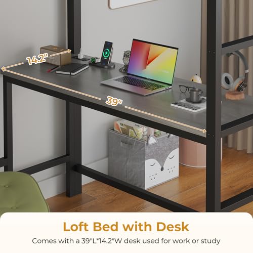 ADORNEVE Twin Size Loft Bed with Desk and 8 Storage Drawers, Metal Kids Loft Bed Twin with LED Lights & Charging Sation, Storage Shelves