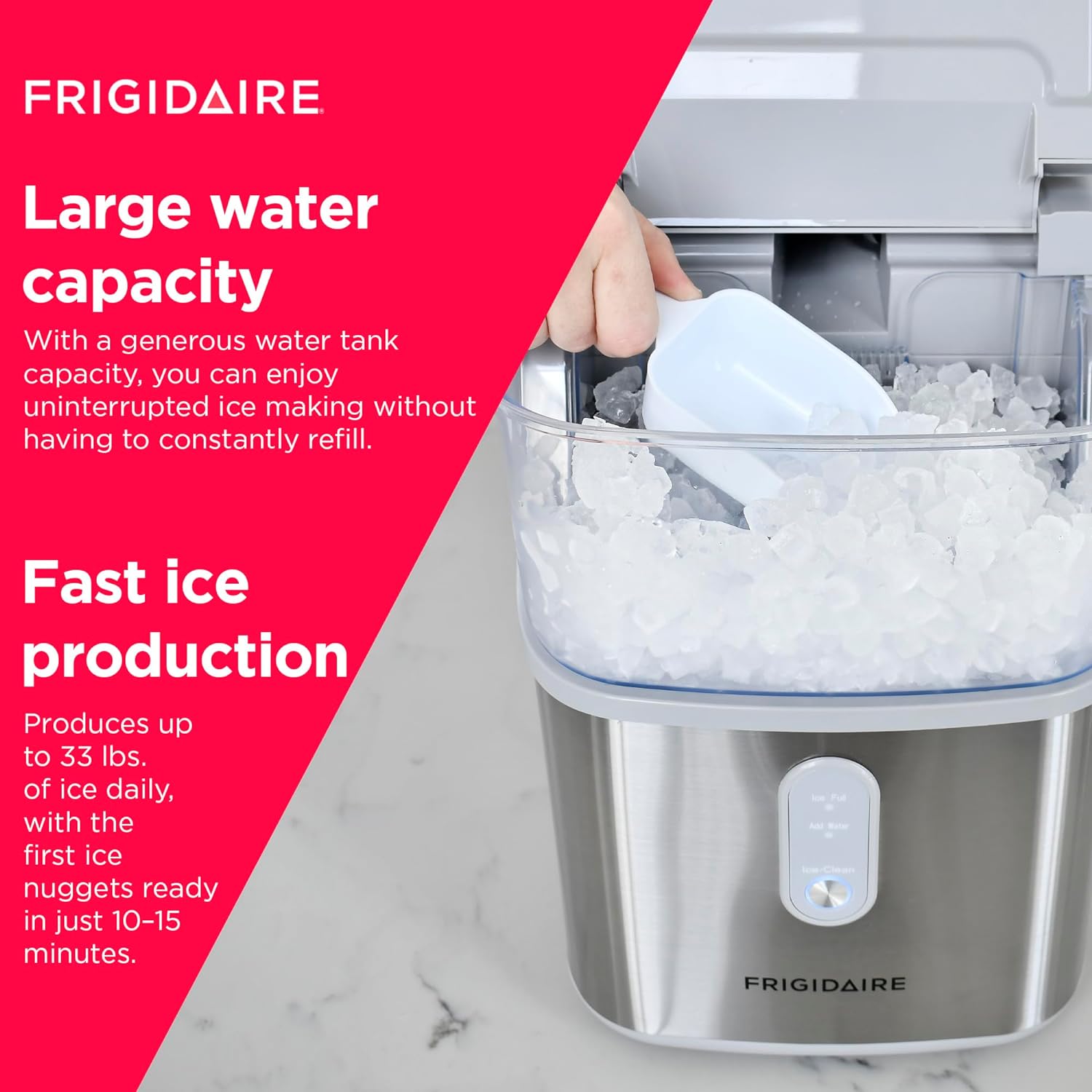 Frigidaire Countertop Crunchy Chewable Nugget Ice Maker, Compact, 33lbs per Day, Metallic Finish - Radiant Selections