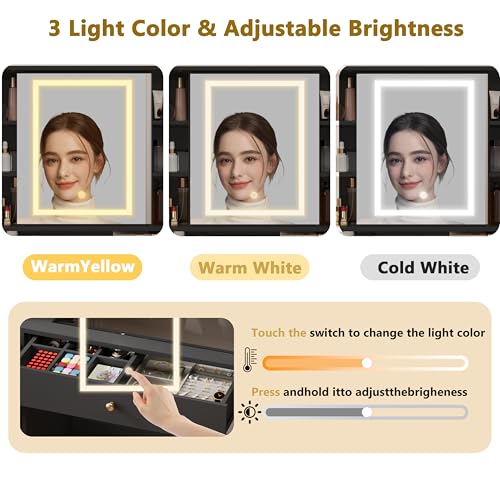 Makeup Vanity Desk with Mirror and Lights, White Vanity with Glass Top, LED Lights & Power Outlet, 3 Drawers & 2 RGB Glass Cabinets