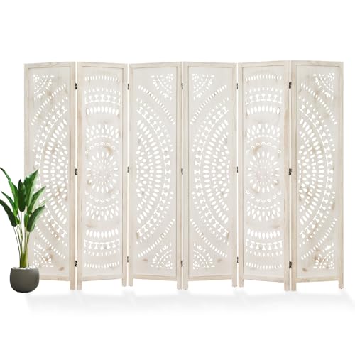66.9Inch Folding Room Divider, 6 Panels Wood Carved Privacy Screens