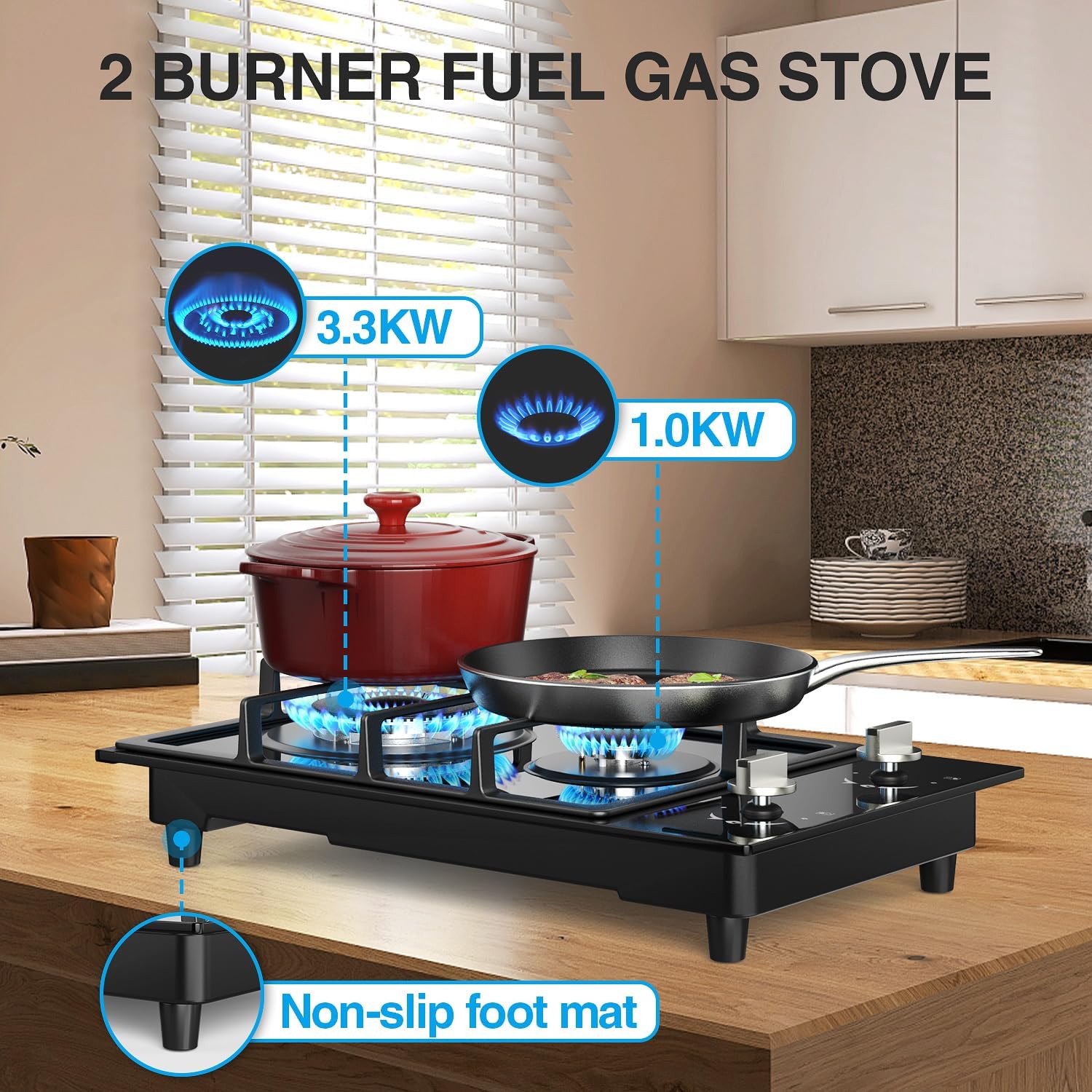 Gas Stove Gas Cooktop 2 Burners 12 Inch,ANHANE Portable Stainless Steel Built-in Gas Hob, LPG/NG Dual Fuel Easy to Clean for RVs, Apartments, Outdoor