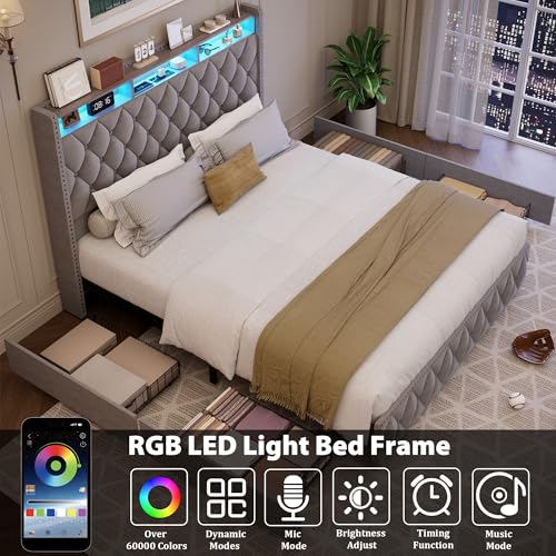 GarveeHome Queen Bed Frame with 50.8" Tall Headboard, Platform Velvet Upholstered Bed Frame with 4 Storage Drawers, USB Charging Station, Led Lights