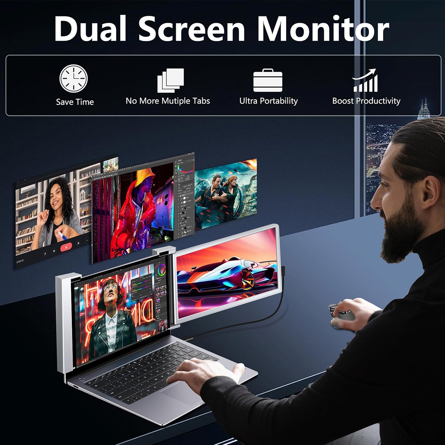 14” Dual Laptop Monitor Extender- FHD 1080P IPS Portable Screen Extender with USB-C & Mini HDMI Port, Plug & Play, Easy to Carry