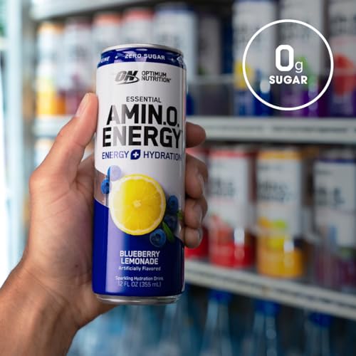 Optimum Nutrition Amino Energy Sparkling Hydration Drink, Electrolytes, Caffeine, Amino Acids, BCAAs, Sugar Free, Juicy Strawberry, 12 Fl Oz