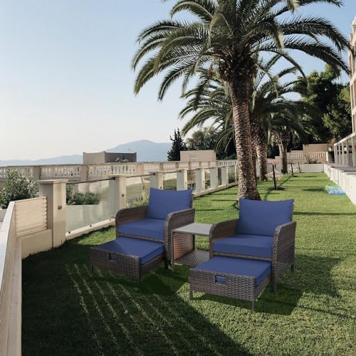 LEVELEVE Balcony Furniture 5 Piece Patio Conversation Set, PE Wicker Rattan Outdoor Lounge Chairs with Soft Cushions 2 Ottoman&Glass Table for Porch