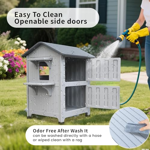 Plastic Outdoor Cat House with Mat Weatherproof for Feral Cat, 2 Story Insulated Elevated Cat Shelter with Escape Door, Easy Assemble