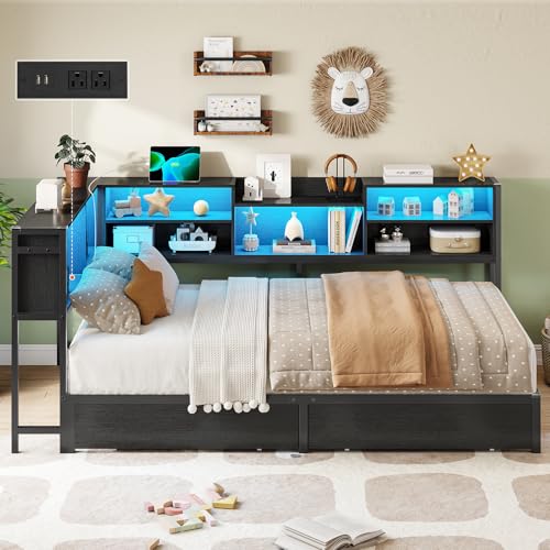 DICTAC Corner Twin Bed Frame with Bookcase Storage and Led Lights Metal Twin Size Platform Beds with Storage and Charging Station Twin Daybed with 2